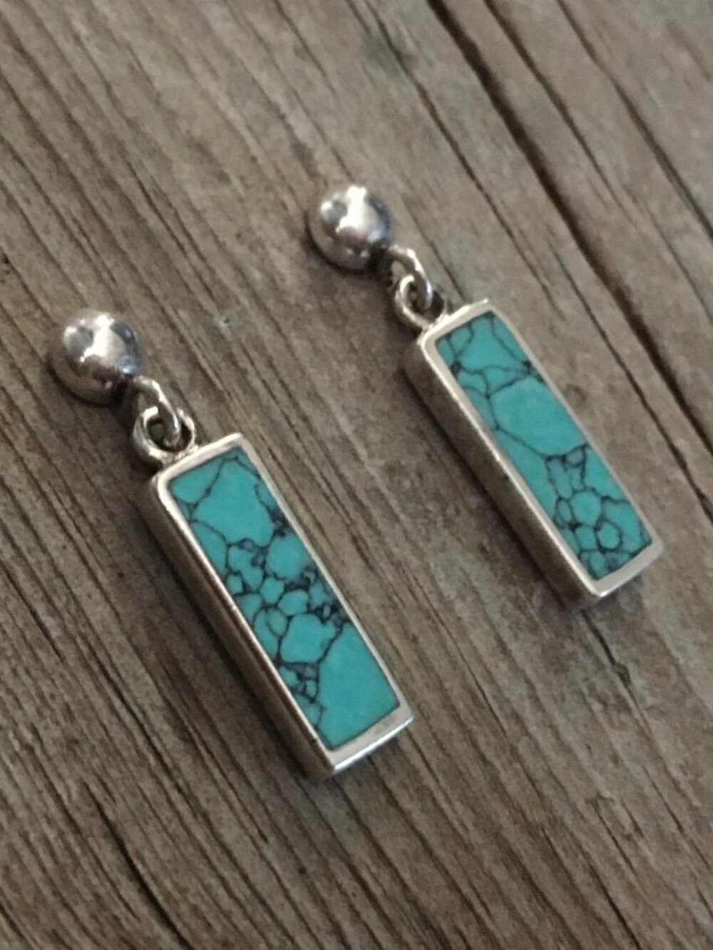 Vintage turquoise sterling silver dangle posts earrings thick 925 sleek